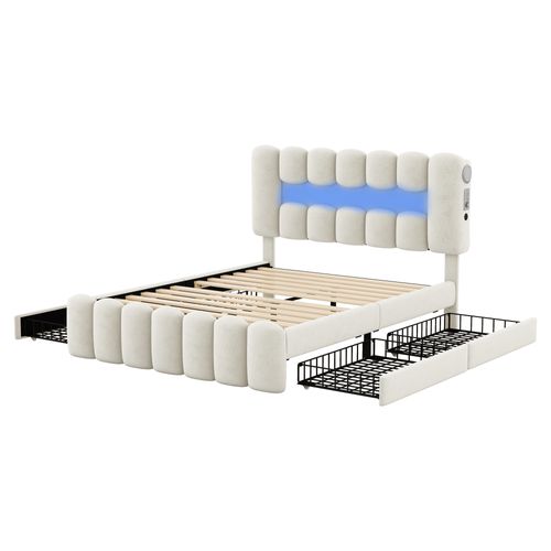 Lit Adulte 140x200 Cm En Tissu Velours Avec 4 Tiroirs De Rangement, LED+usb+enceinte, Beige