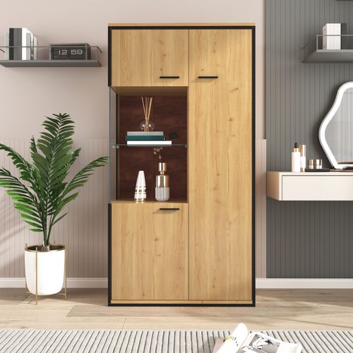 Buffet Haut.150cm LED Vitrine Couleur Bois Armoire Avec 3 Portes, Grand Espace De Rangement