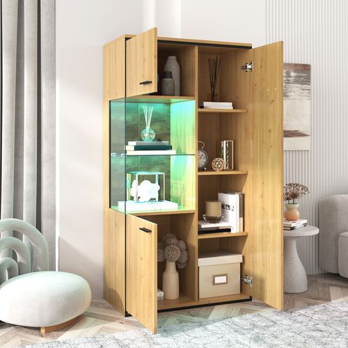 Buffet Haut.150cm LED Vitrine Couleur Bois Armoire Avec 3 Portes, Grand Espace De Rangement