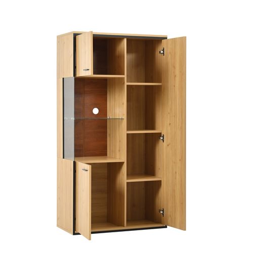 Buffet Haut.150cm LED Vitrine Couleur Bois Armoire Avec 3 Portes, Grand Espace De Rangement