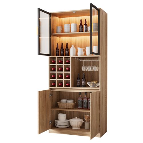 Buffet Haut.180cm Vitrine Couleur Bois LED – Armoire à Vin Avec Portes Vitrées Et Porte-verres