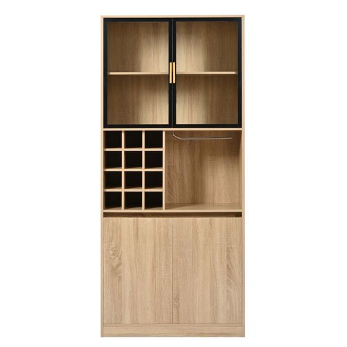 Buffet Haut.180cm Vitrine Couleur Bois LED – Armoire à Vin Avec Portes Vitrées Et Porte-verres