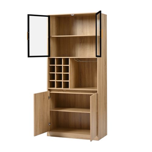 Buffet Haut.180cm Vitrine Couleur Bois LED – Armoire à Vin Avec Portes Vitrées Et Porte-verres