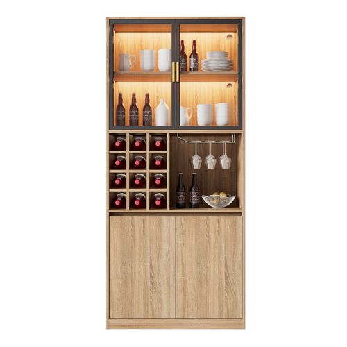 Buffet Haut.180cm Vitrine Couleur Bois LED – Armoire à Vin Avec Portes Vitrées Et Porte-verres