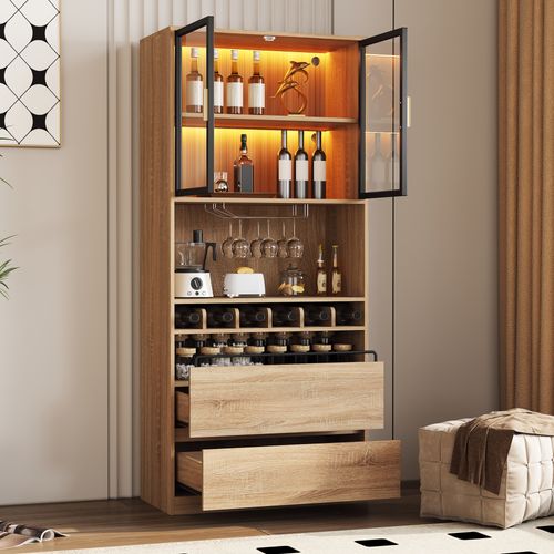 Buffet Haut.180cm Vitrine Couleur Bois LED – Armoire à Vin Avec Portes, Tiroirs Et Porte-verres