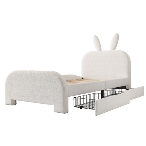 Lit Enfant Simple 90x200cm, En Forme De Lapin Cartoon, Avec 2 Tiroirs Et Sommier, Laine, Blanc