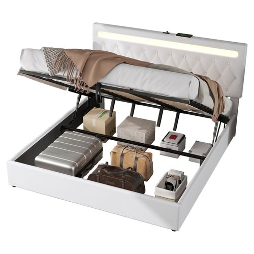 Lit Coffre Adulte 180x200cm Avec LED Et Charge USB, Sommier Relevable, Lin Blanc