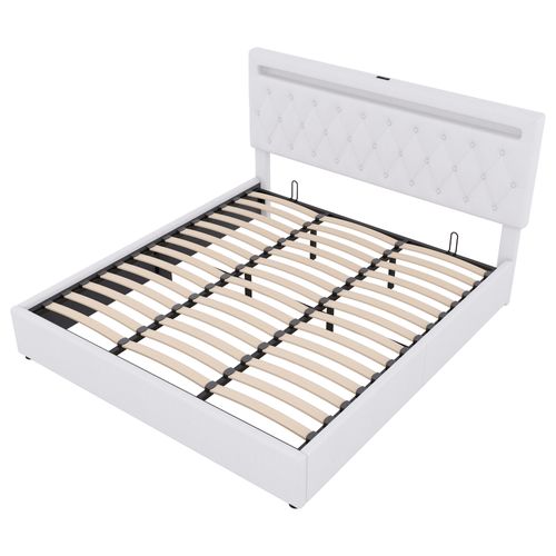 Lit Coffre Adulte 180x200cm Avec LED Et Charge USB, Sommier Relevable, Lin Blanc