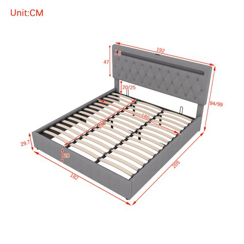 Lit Coffre Adulte 180x200cm Avec LED Et Charge USB, Sommier Relevable, Lin Gris