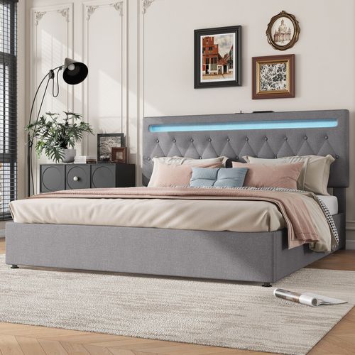 Lit Coffre Adulte 180x200cm Avec LED Et Charge USB, Sommier Relevable, Lin Gris