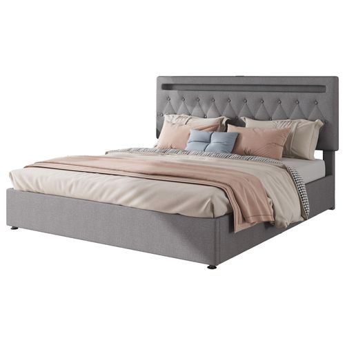 Lit Coffre Adulte 180x200cm Avec LED Et Charge USB, Sommier Relevable, Lin Gris