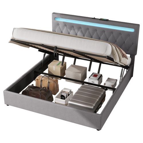 Lit Coffre Adulte 180x200cm Avec LED Et Charge USB, Sommier Relevable, Lin Gris