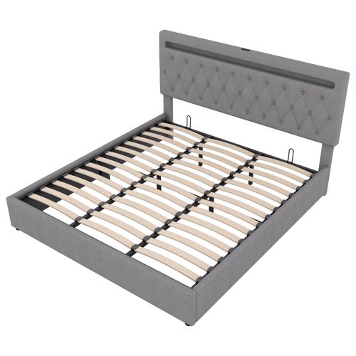 Lit Coffre Adulte 180x200cm Avec LED Et Charge USB, Sommier Relevable, Lin Gris