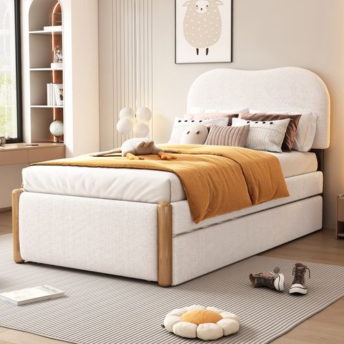 Lit Gigogne Enfant 90x200cm Avec Tête De Lit Et Sommiers, Tissu Bouclé, Blanc