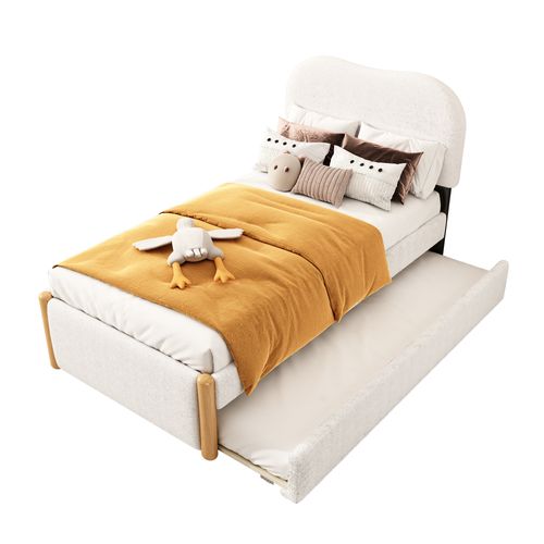 Lit Gigogne Enfant 90x200cm Avec Tête De Lit Et Sommiers, Tissu Bouclé, Blanc