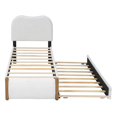 Lit Gigogne Enfant 90x200cm Avec Tête De Lit Et Sommiers, Tissu Bouclé, Blanc