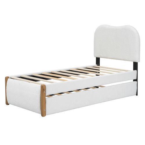 Lit Gigogne Enfant 90x200cm Avec Tête De Lit Et Sommiers, Tissu Bouclé, Blanc