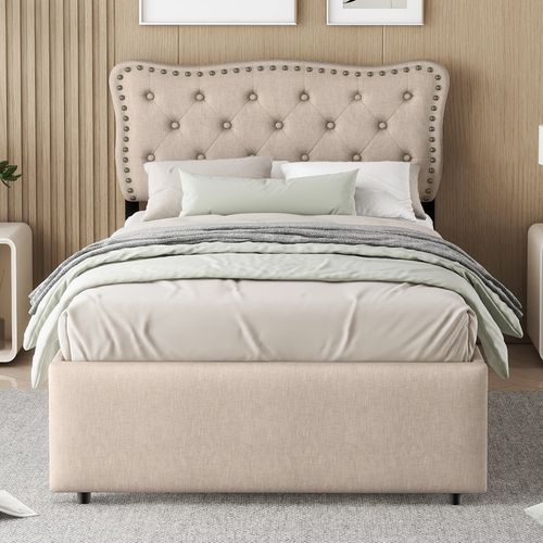 Lit Enfant Simple 90x200cm, Rangement De Tiroirs Et Sommier, Tête De Lit Réglable, Lin, Beige Foncé