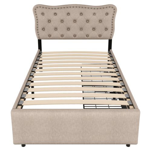 Lit Enfant Simple 90x200cm, Rangement De Tiroirs Et Sommier, Tête De Lit Réglable, Lin, Beige Foncé