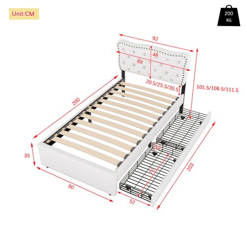 Lit Enfant Simple 90x200cm, Rangement De Tiroirs Et Sommier, Tête De Lit Réglable, Lin, Beige Clair