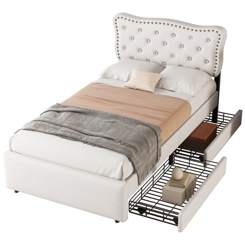 Lit Enfant Simple 90x200cm, Rangement De Tiroirs Et Sommier, Tête De Lit Réglable, Lin, Beige Clair