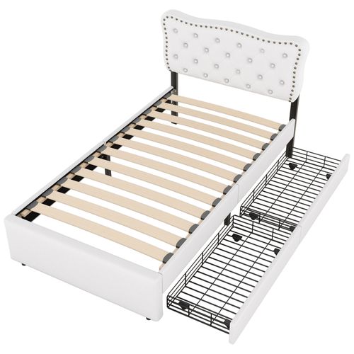 Lit Enfant Simple 90x200cm, Rangement De Tiroirs Et Sommier, Tête De Lit Réglable, Lin, Beige Clair