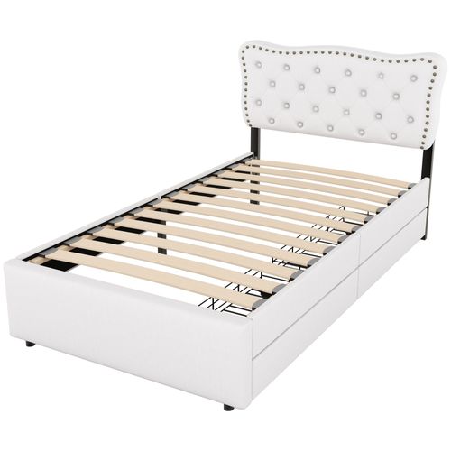 Lit Enfant Simple 90x200cm, Rangement De Tiroirs Et Sommier, Tête De Lit Réglable, Lin, Beige Clair