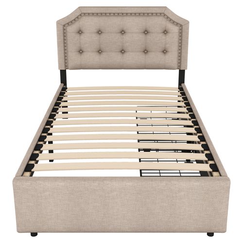 Lit Enfant 90x200cm Avec 2 Tiroirs Et Tête De Lit Réglable, Sommier, Lin, Beige Foncé