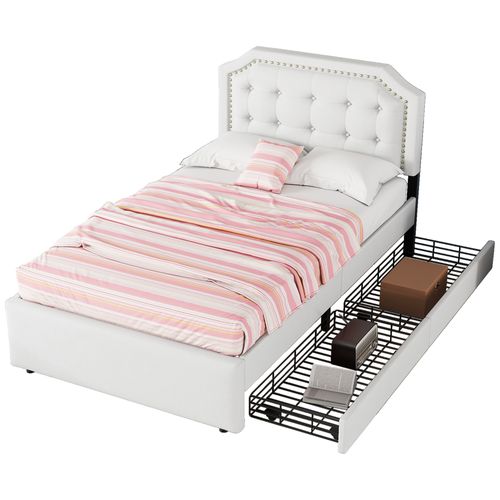 Lit Enfant 90x200cm Avec 2 Tiroirs Et Tête De Lit Réglable, Sommier, Lin, Beige Clair