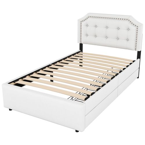 Lit Enfant 90x200cm Avec 2 Tiroirs Et Tête De Lit Réglable, Sommier, Lin, Beige Clair