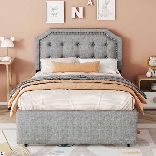 Lit Enfant 90x200cm Avec 2 Tiroirs Et Tête De Lit Réglable, Sommier, Lin, Gris