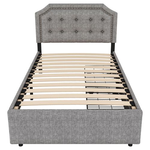 Lit Enfant 90x200cm Avec 2 Tiroirs Et Tête De Lit Réglable, Sommier, Lin, Gris