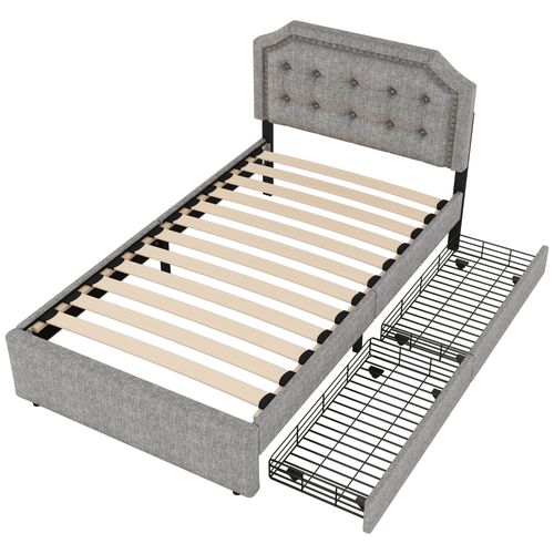 Lit Enfant 90x200cm Avec 2 Tiroirs Et Tête De Lit Réglable, Sommier, Lin, Gris