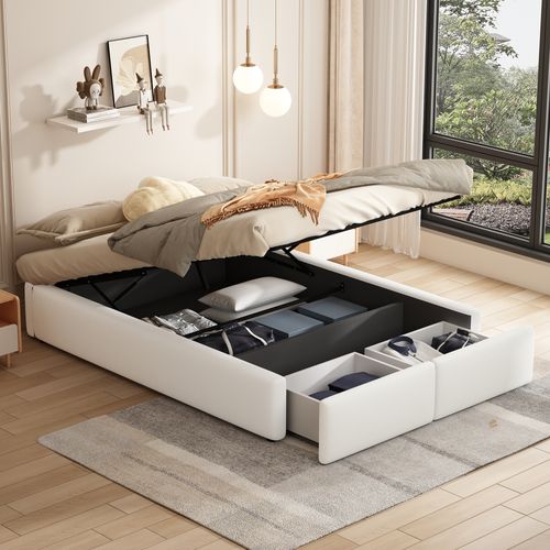Lit Coffre Adulte 140x200cm Avec 2 Tiroirs, Grand Espace De Rangement Et Sommier, Lin, Blanc