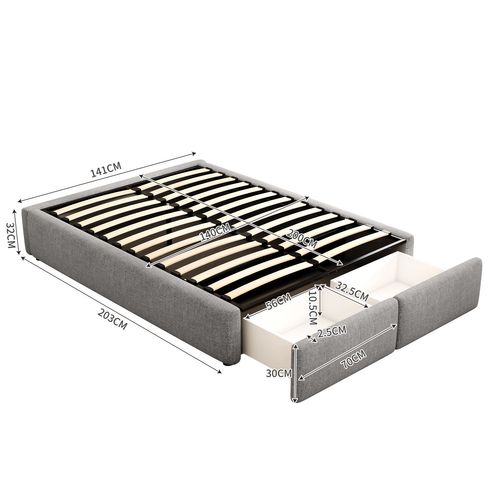 Lit Coffre Adulte 140x200cm Avec 2 Tiroirs, Grand Espace De Rangement Et Sommier, Lin et Coton, Gris