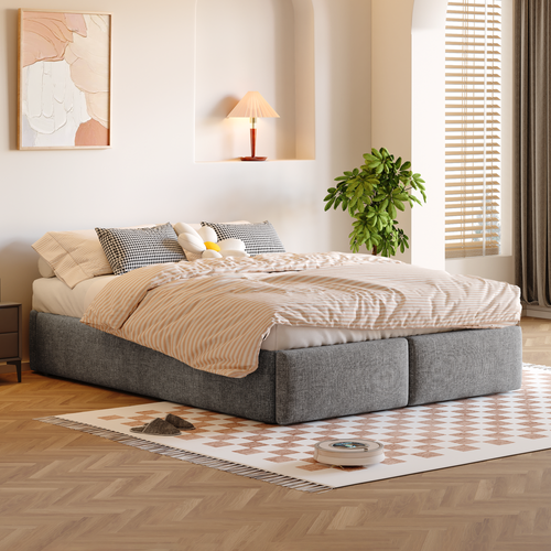 Lit Coffre Adulte 140x200cm Avec 2 Tiroirs, Grand Espace De Rangement Et Sommier, Lin et Coton, Gris