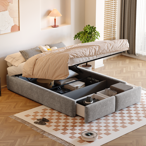 Lit Coffre Adulte 140x200cm Avec 2 Tiroirs, Grand Espace De Rangement Et Sommier, Lin et Coton, Gris