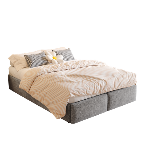 Lit Coffre Adulte 140x200cm Avec 2 Tiroirs, Grand Espace De Rangement Et Sommier, Lin et Coton, Gris