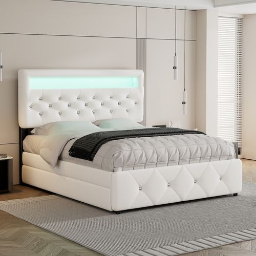 Lit Adulte LED 140x200cm Avec Lit Gigogne, 2 Tiroirs De Rangement Et Sommier, Lin, Blanc