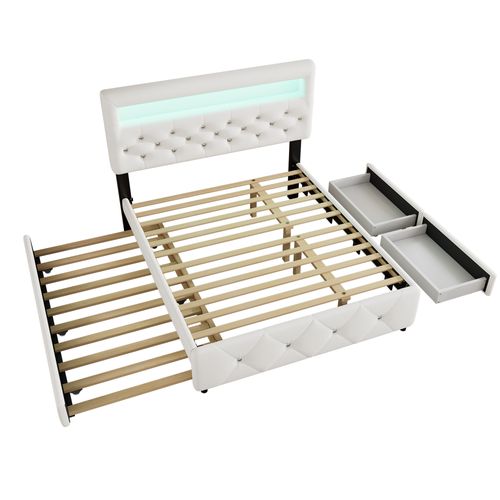 Lit Adulte LED 140x200cm Avec Lit Gigogne, 2 Tiroirs De Rangement Et Sommier, Lin, Blanc