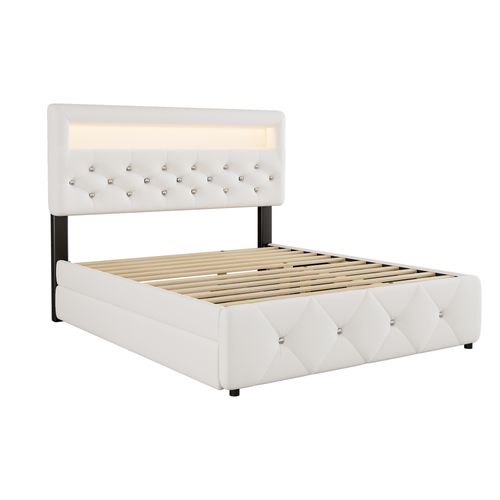 Lit Adulte LED 140x200cm Avec Lit Gigogne, 2 Tiroirs De Rangement Et Sommier, Lin, Blanc