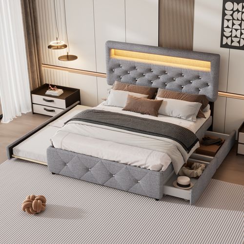 Lit Adulte LED 140x200cm Avec Lit Gigogne, 2 Tiroirs De Rangement Et Sommier, Lin, Gris