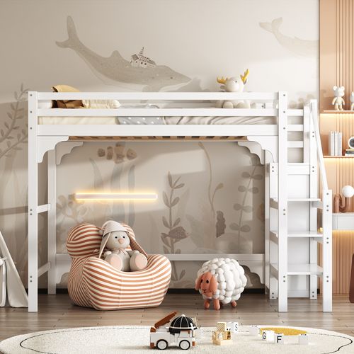 Lit Mezzanine Double 140x200 En Pin Blanc, Escalier, Armoire De Rangement Et Espace Modulable