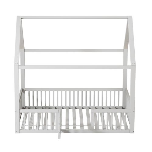 Lit Cabane Enfant 140x200cm En Pin Blanc, Lit Bas Double Avec Porte, Barrières Et Sommier