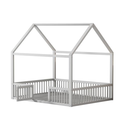 Lit Cabane Enfant 140x200cm En Pin Blanc, Lit Bas Double Avec Porte, Barrières Et Sommier
