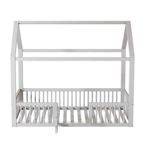 Lit Cabane Enfant 90x200cm En Pin Blanc, Lit Bas Avec Petite Porte, Barrières Et Sommier