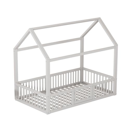Lit Cabane Enfant 90x200cm En Pin Blanc, Lit Bas Avec Petite Porte, Barrières Et Sommier