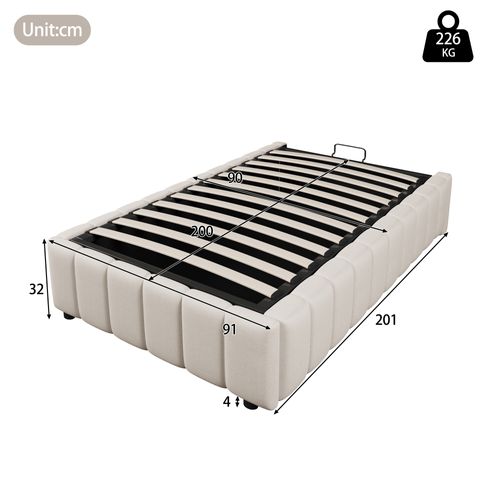 Lit Coffre Enfant 90x200cm En Lin Beige, Lit Simple Avec Rangement Et Sommier