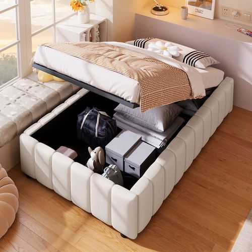 Lit Coffre Enfant 90x200cm En Lin Beige, Lit Simple Avec Rangement Et Sommier