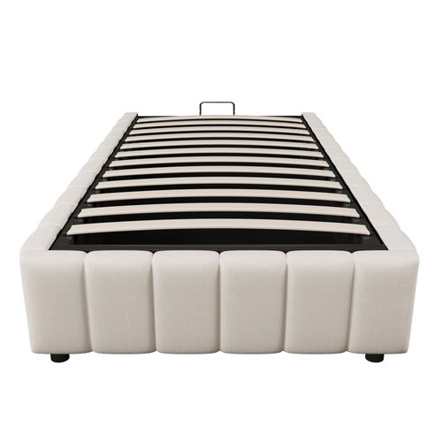 Lit Coffre Enfant 90x200cm En Lin Beige, Lit Simple Avec Rangement Et Sommier